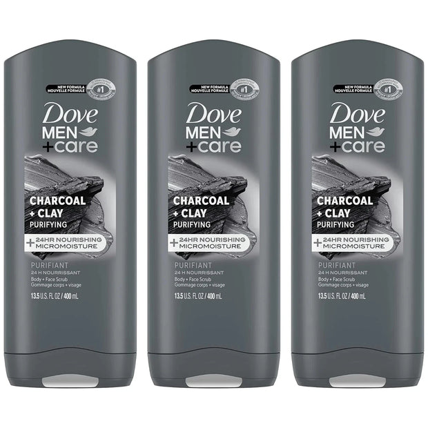 New DOVE MEN + CARE Purifying Charcoal + Clay Body and Face Wash with 3 pack