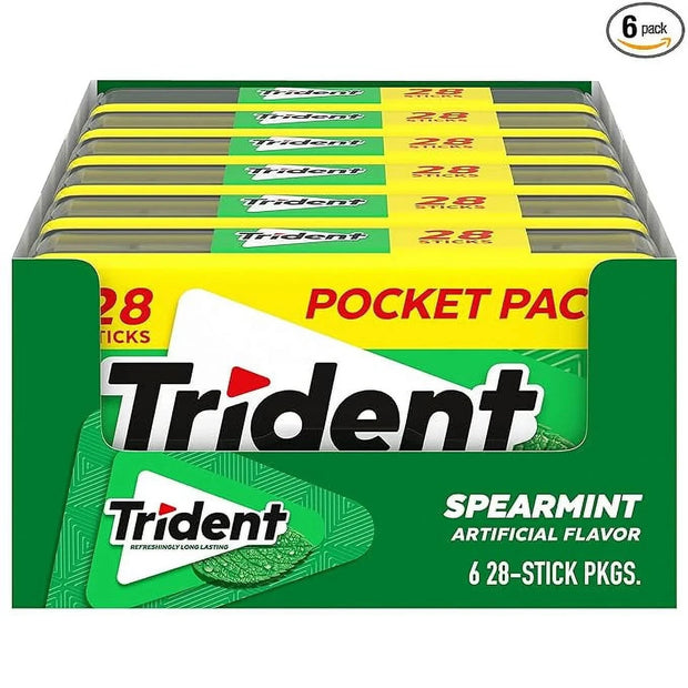 Trident Spearmint Sugar Free Gum, 6 Pocket Packs of 28 Pieces (168 Total Pieces)